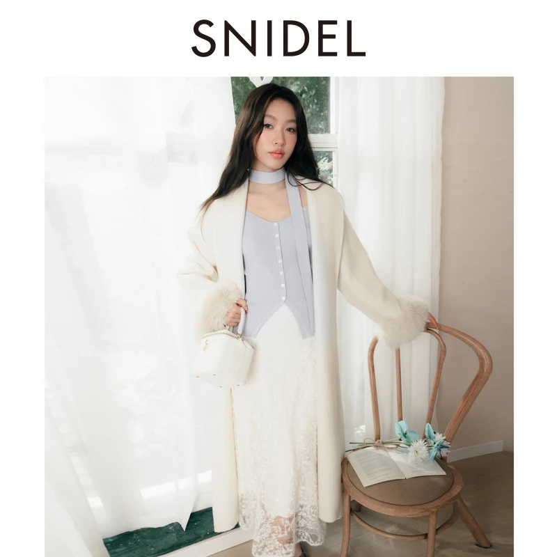 SNIDEL2025秋冬新品翻领毛毛袖毛呢大衣中长款羊毛外套SWFC254316