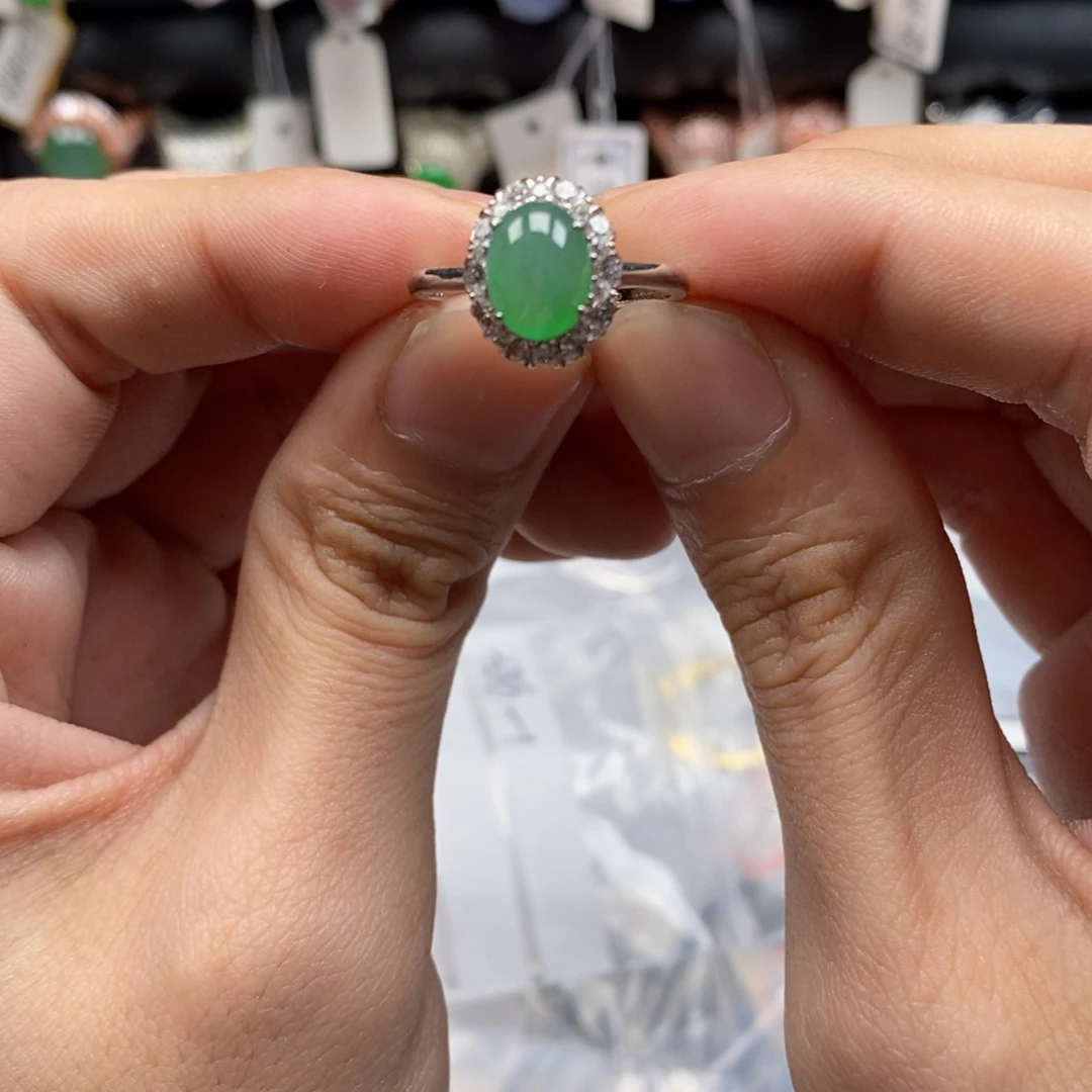 翡翠戒指银S925镶嵌朱*天然缅甸翡翠a货