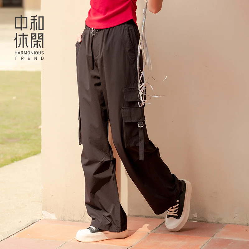中和休闲黑色工装裤女2025夏季新款美式宽松显瘦高腰直筒裤百搭