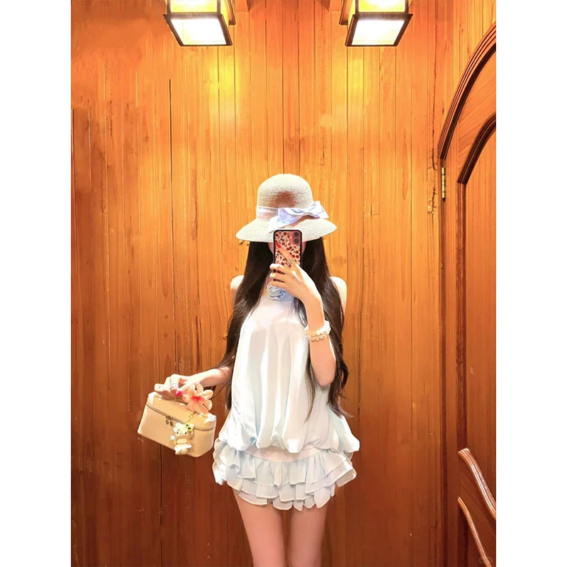 高级感法式蓝色抹胸连衣裙女夏季还不度假性感辣妹收腰蛋糕短裙