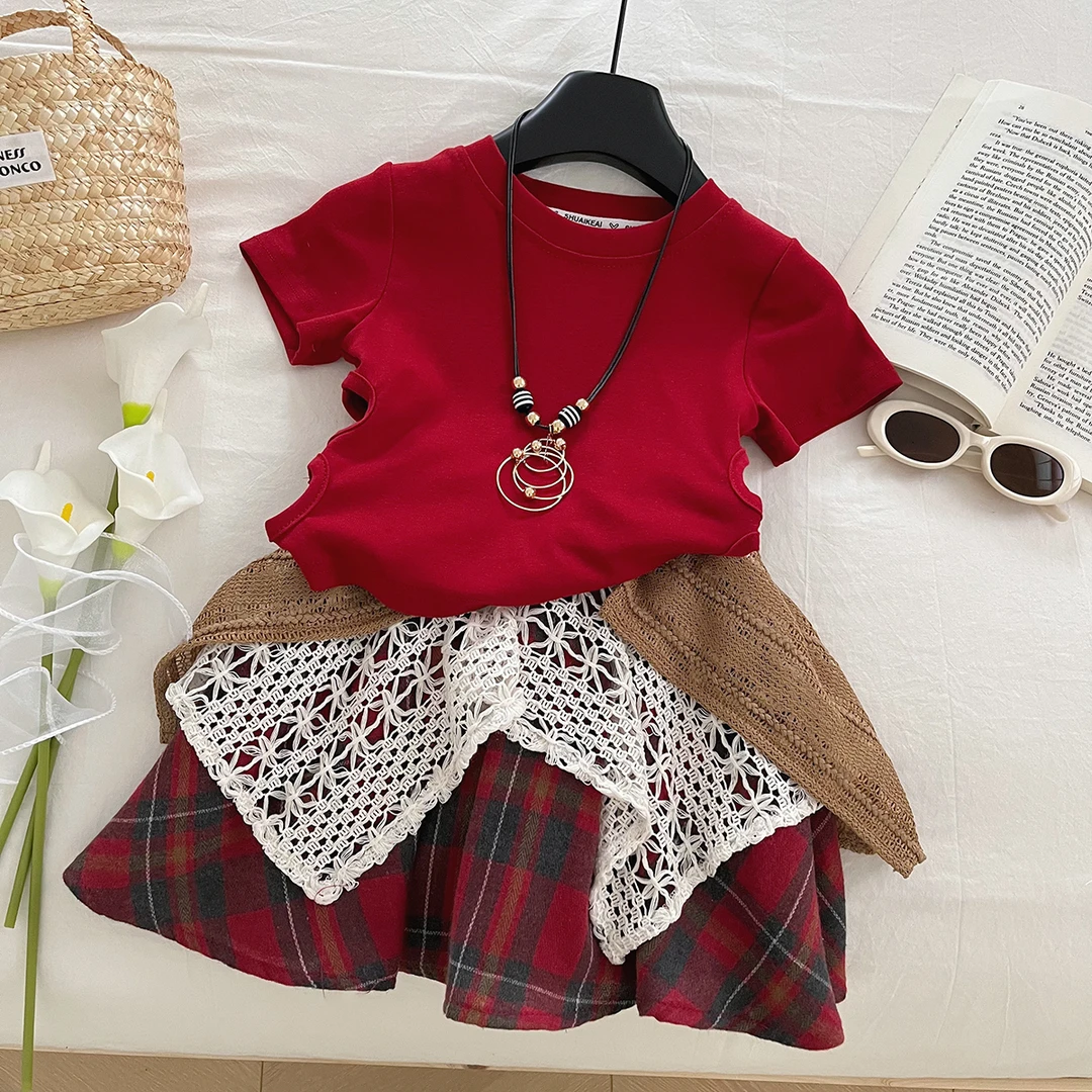 【现货】女童格子裙夏季新款森系民族风格子半身裙短袖两件套SL0141