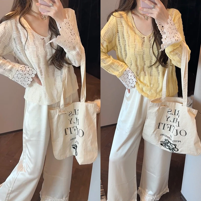 【mimius】琳琳软糯镂空蕾丝拼接圆领长袖上衣 WG03101