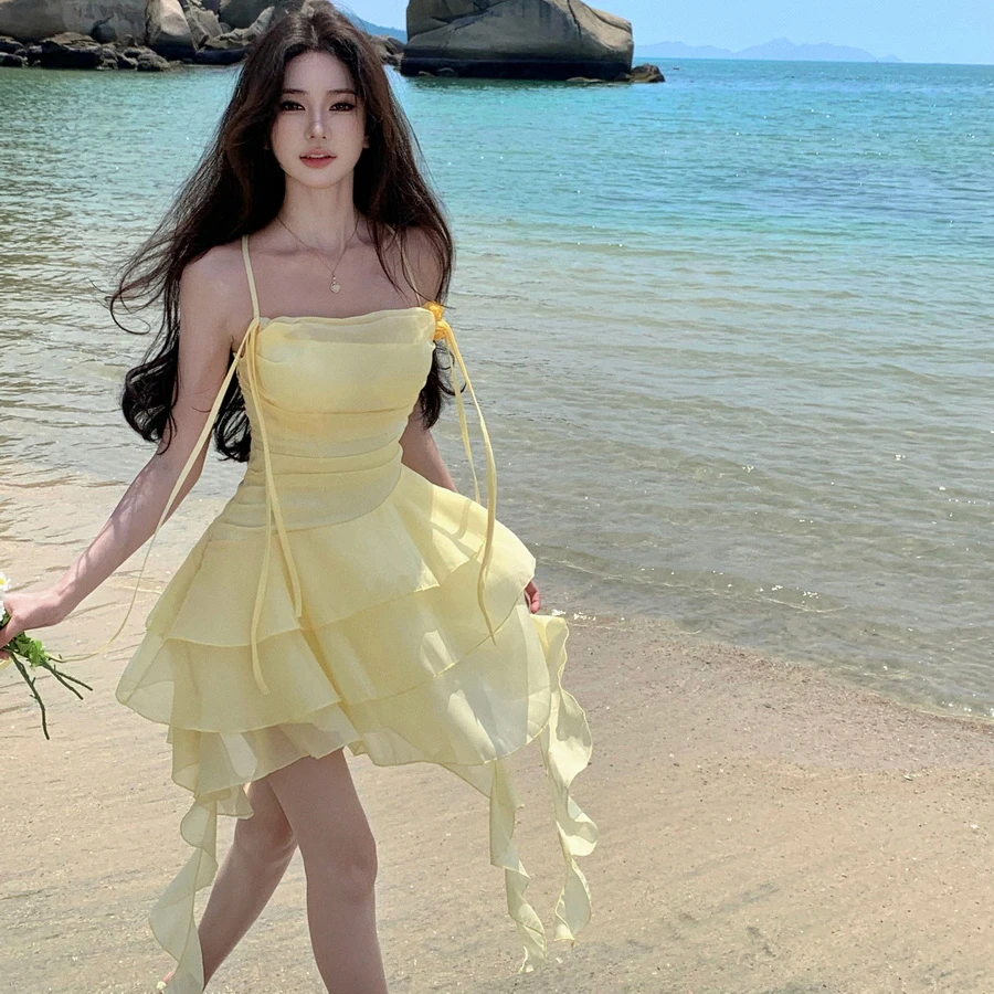 HX法式温柔风荷叶边吊带连衣裙夏荡领氛围感小个子短裙度假沙滩裙