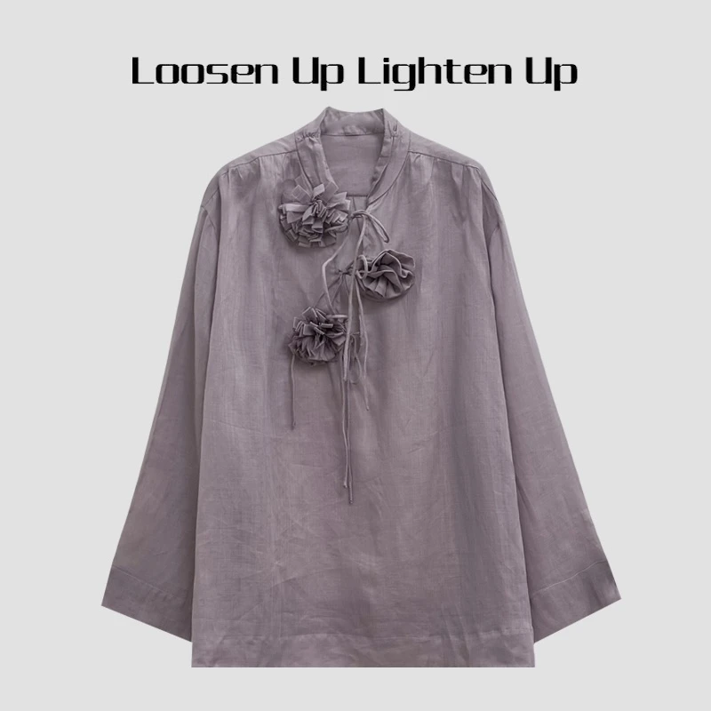 Loosen Up【三朵花】100支超细苎麻手工立体玫瑰花朵立领系带衬衫