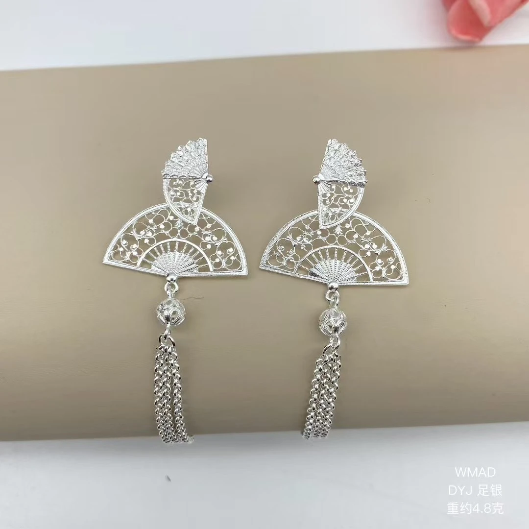 足银耳饰 足银扇子古风耳环 女士耳环银饰品