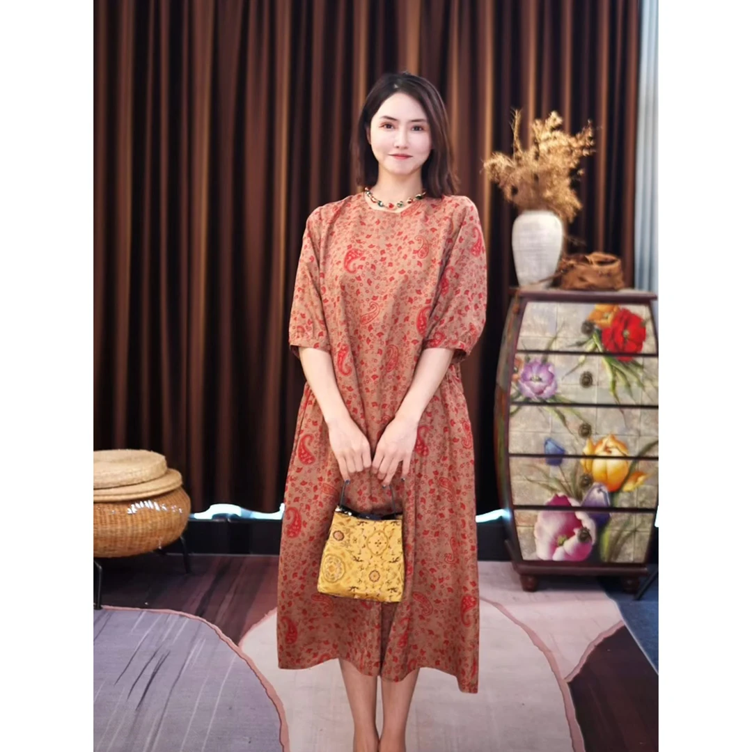 100%桑蚕丝红云纱气质贵气款显白显瘦连衣裙女 J20B50702