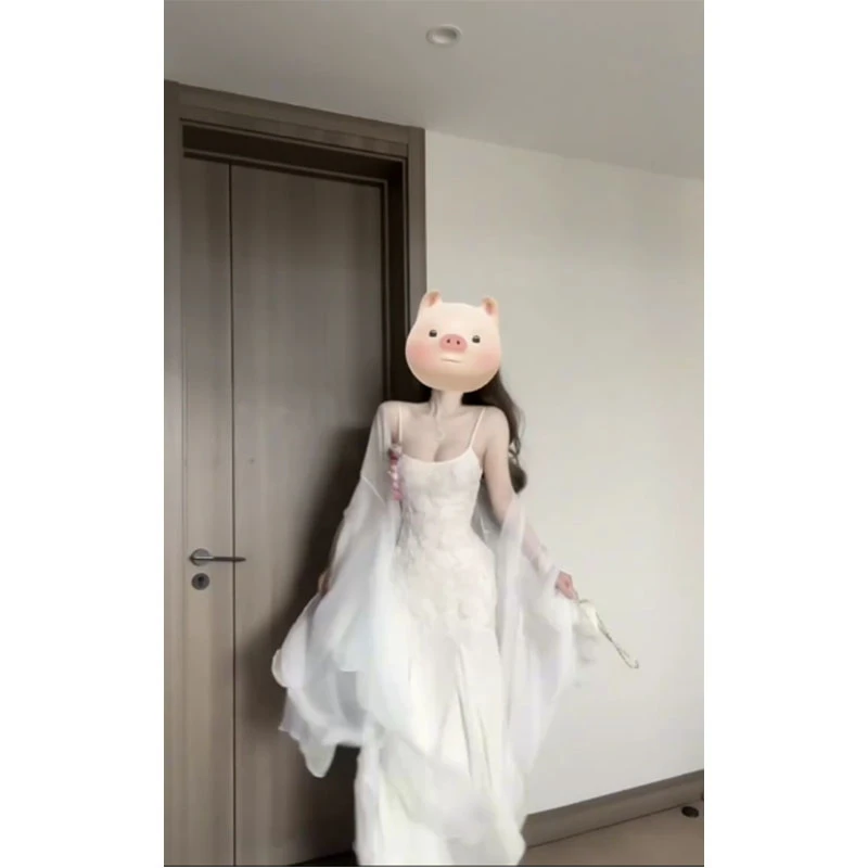 法式独特绝美纯欲防晒宽松罩衫上衣气质辣妹立体花朵吊带连衣裙女