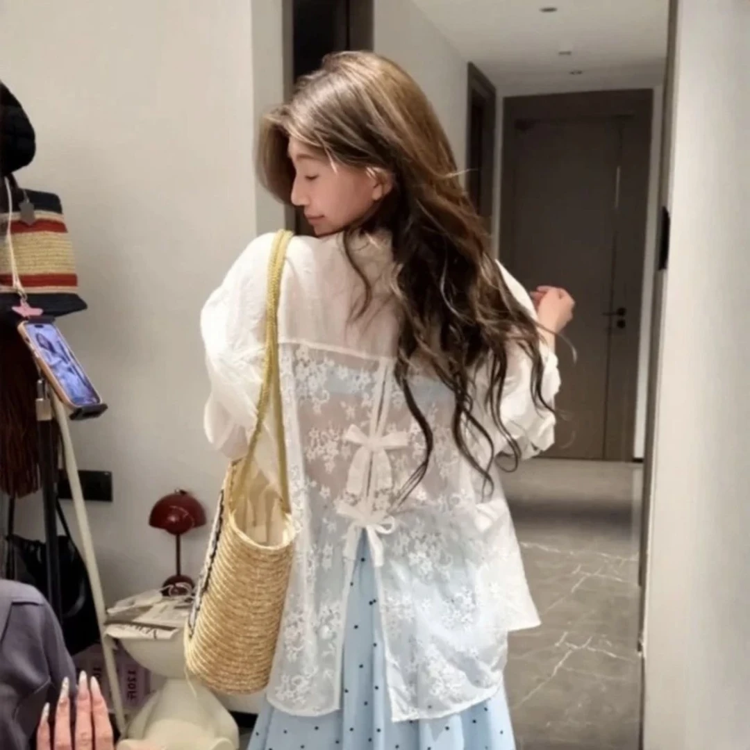 法式后背刺绣蕾丝边拼接衬衫女夏季披肩薄款防晒外套叠穿休闲上衣