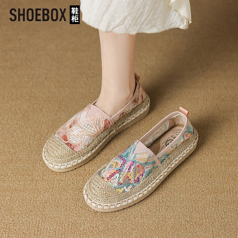 SHOEBOX鞋柜民族风单鞋女2025秋新款老北京布鞋软底一脚蹬渔夫鞋