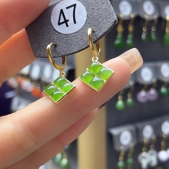 和田玉耳饰银S925镀金镶嵌