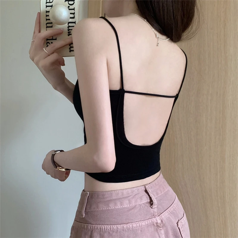夏季新款美背内搭带胸垫性感辣妹露背吊带背心女短款抹胸上衣外穿