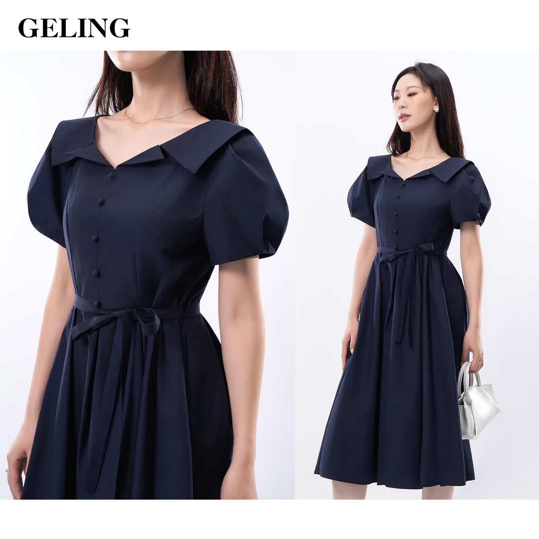 GELING/歌&玲夏季时尚气质优雅修身小众收腰小尖领裙G505Y394L