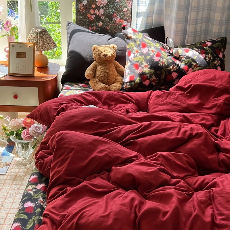 简约高级感四件套纯色花卉拼色被套床单四季通用被罩床笠家用床品