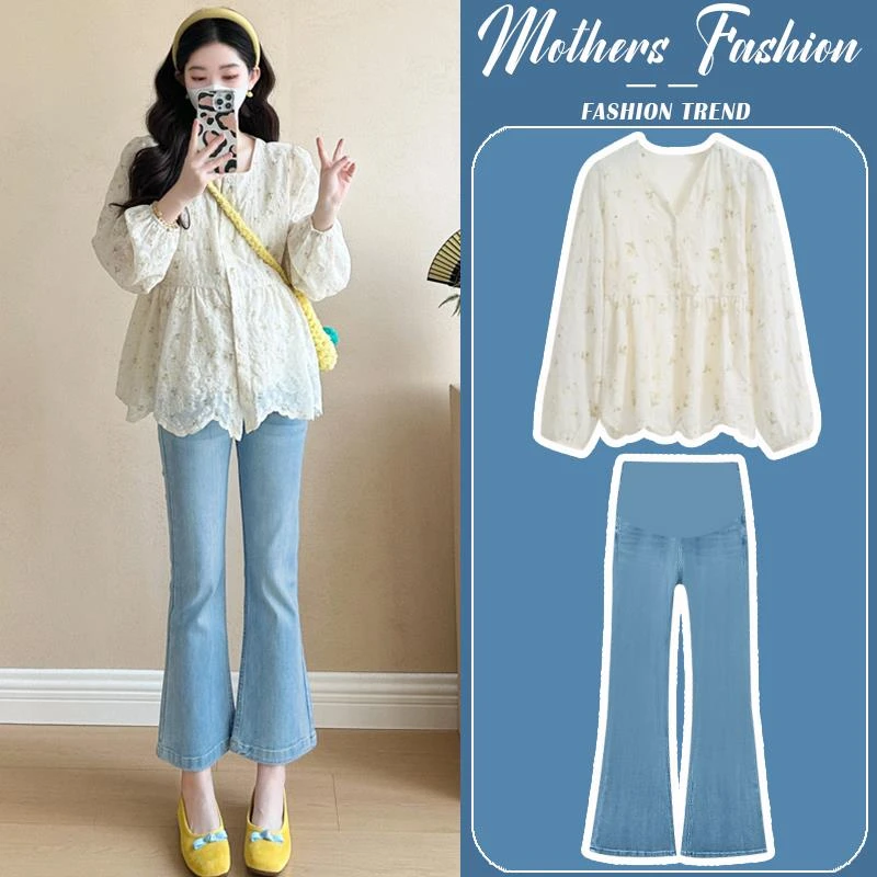 孕妇装春秋洋气显瘦2025新款复古气质宽松方领娃娃衫牛仔裤两件套