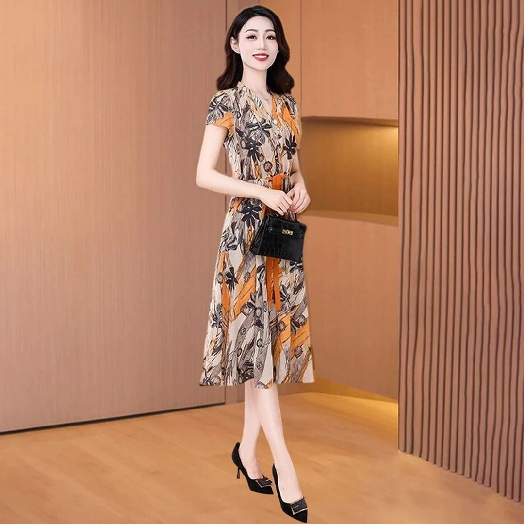 【可蓓儿】2025新款夏季绵绸印妈妈装纱料轻奢小众高级感女装连衣裙