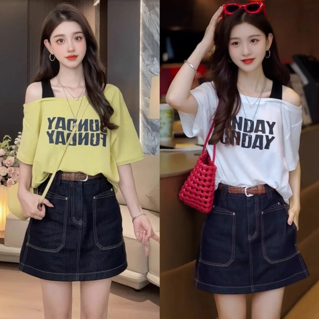 撞色吊带斜领露肩短袖T恤女夏季新款韩版字母印花时尚百搭上衣潮