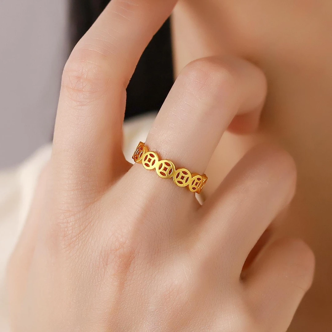 福韵天玺 铜合金戒指 《福系列》小众铜钱戒指指环轻奢开口戒指