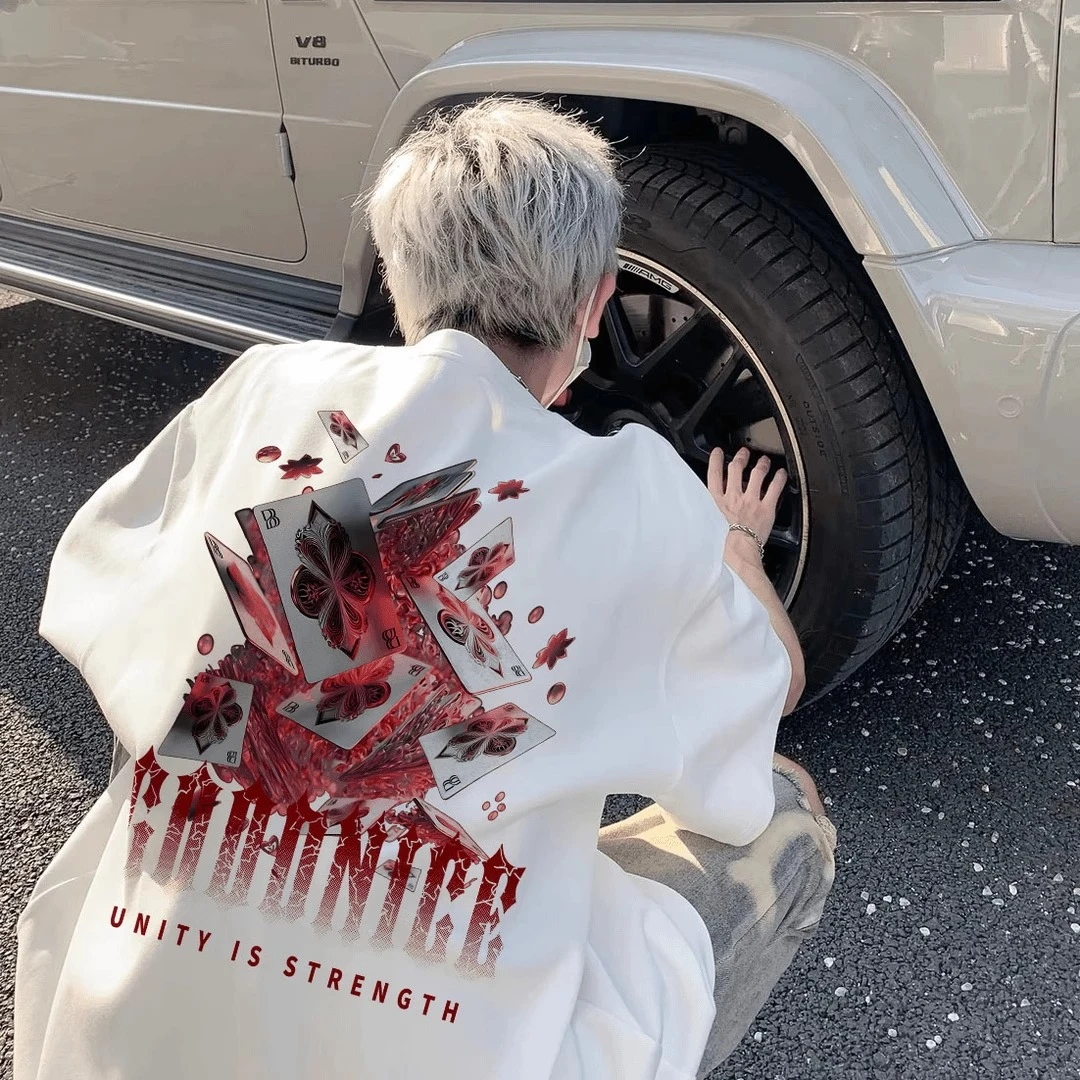 潮牌纯棉男士短袖扑克牌印花2025夏季新款美式嘻哈痞帅T恤上衣ins