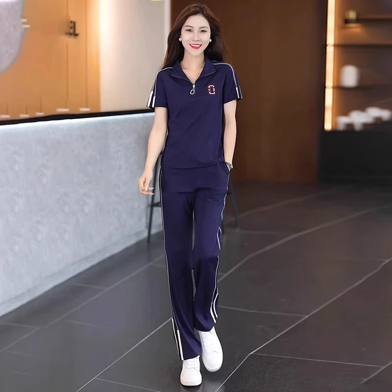 高级感休闲运动套装女夏季减龄洋气薄款翻领跑步服直筒裤两件套潮