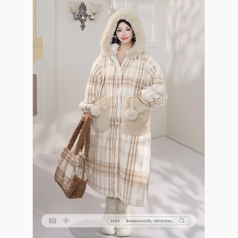 香蕉女孩睡衣女秋冬加厚连帽中长款睡袍循环蓄温速暖家居服可外穿