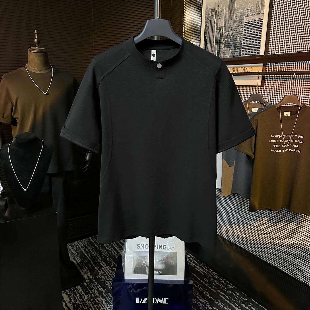 【XGORAD】夏季新款原创高定装饰纽扣拼接设计冰感棉圆领短袖T恤男