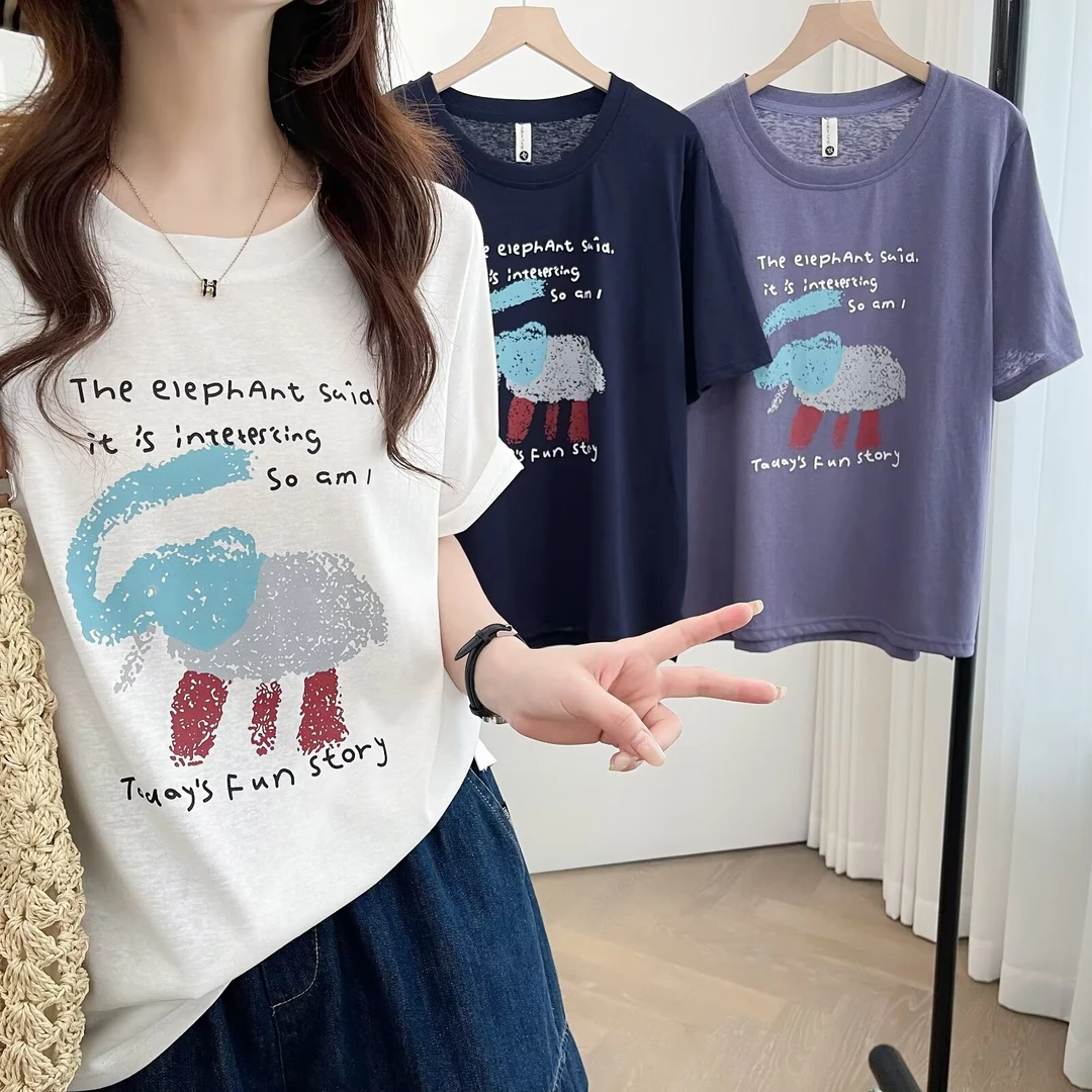卡通大象印花紫色雪花棉短袖t恤女夏季薄款正肩圆领宽松上衣