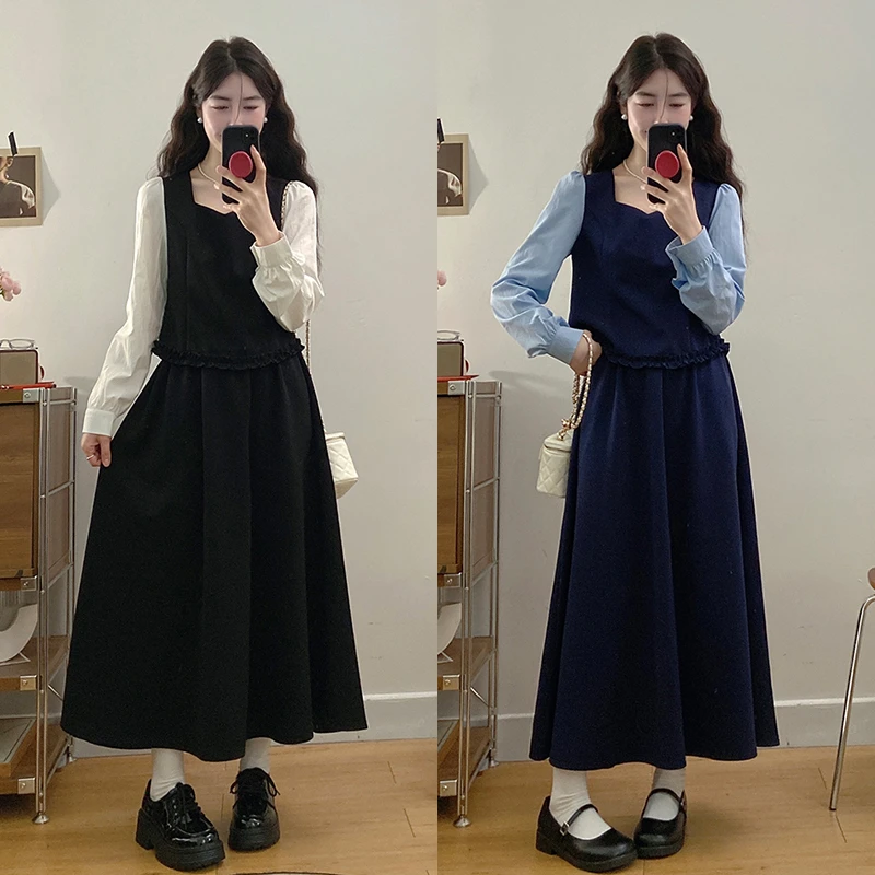 2025春装新款胖mm大码女木耳边复古衬衣上衣半身裙连衣裙21225