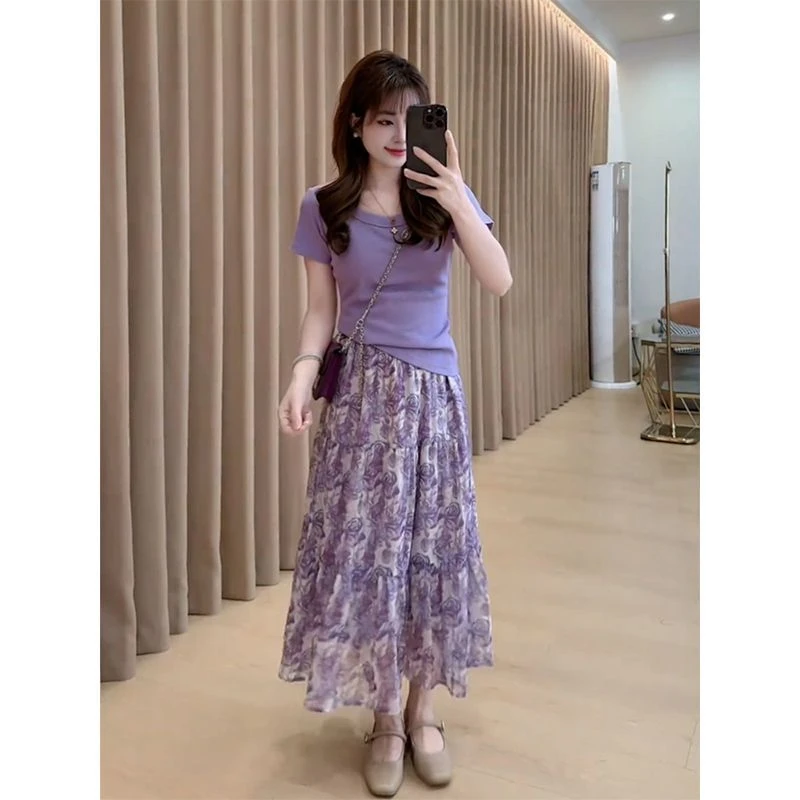 店铺热销夏季爆款高级感洋气圆领短袖上衣女轻奢气质减龄裙子碎花