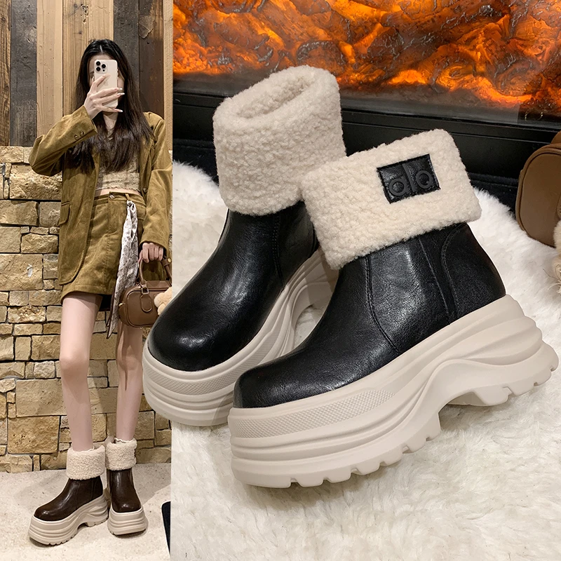 欧货真皮羊羔毛毛鞋翻领两穿厚底松糕雪地棉靴短靴小个子7cm女鞋