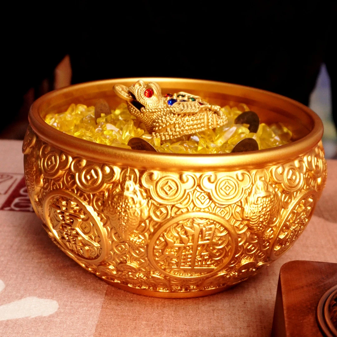 中口径全套金蟾金钱聚宝盆家用办公室装饰工艺品摆件