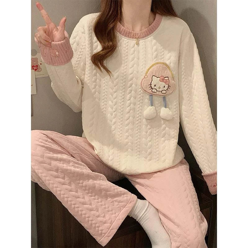 睡衣女冬季加厚保暖空气棉夹层长袖长裤套装kt猫可爱家居服可外穿