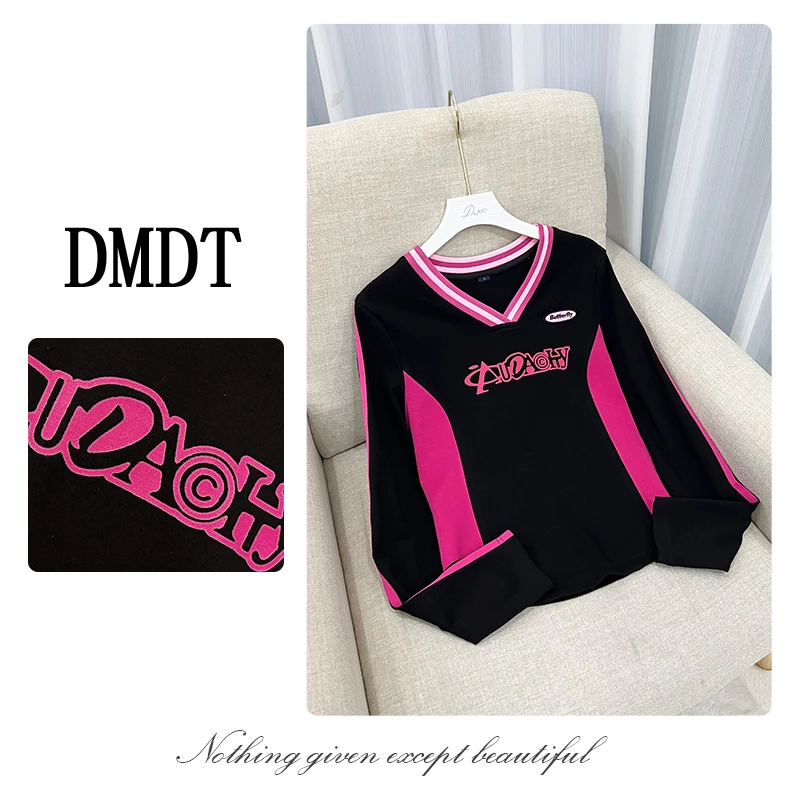 【DMDT潮牌】新品 “风尚轨迹”字母印花刺绣女显瘦休闲撞色T恤3T4255