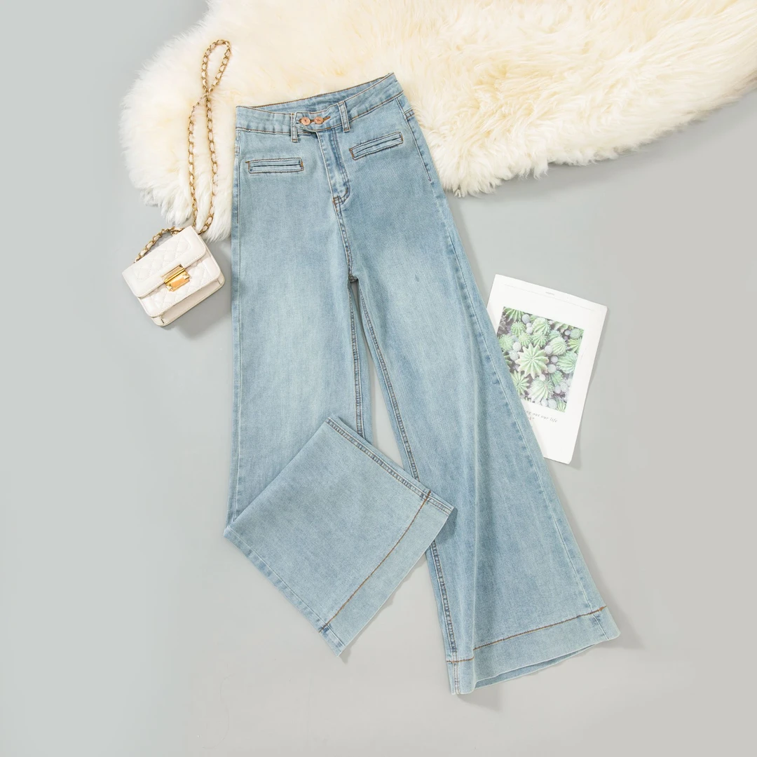 春季显瘦弹力高腰复古宽松设计感韩版百搭拖地阔腿牛仔裤2362