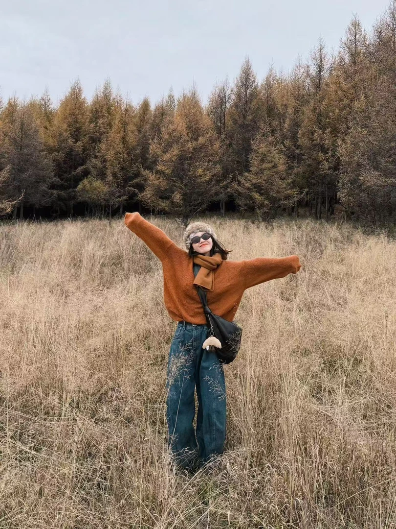 2025秋季新款韩系南瓜色复古毛衣女慵懒风针织衫上衣百搭牛仔裤