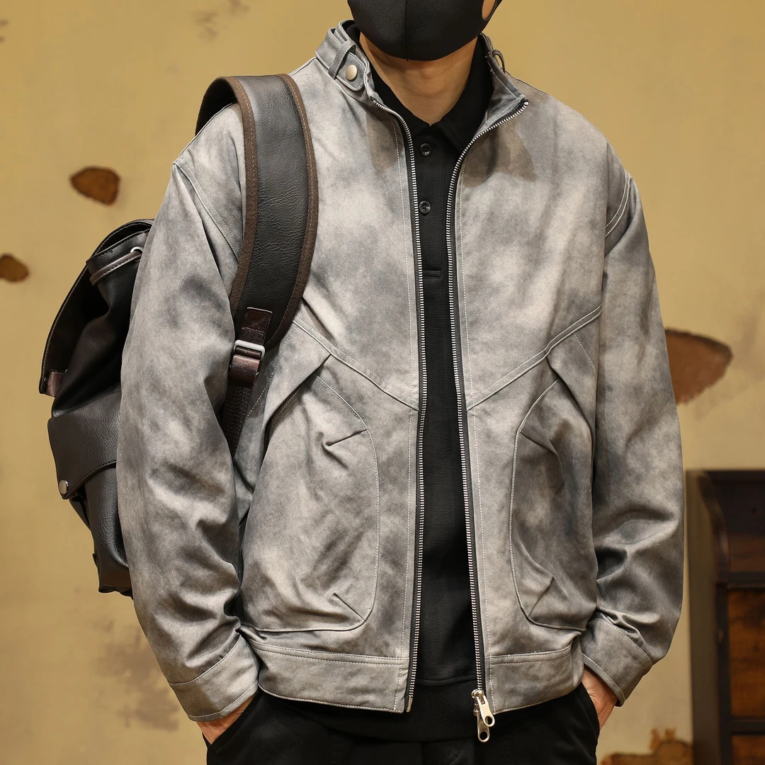 复古扎染痞帅男士夹克春秋季美式潮牌宽松休闲立领机车飞行员外套