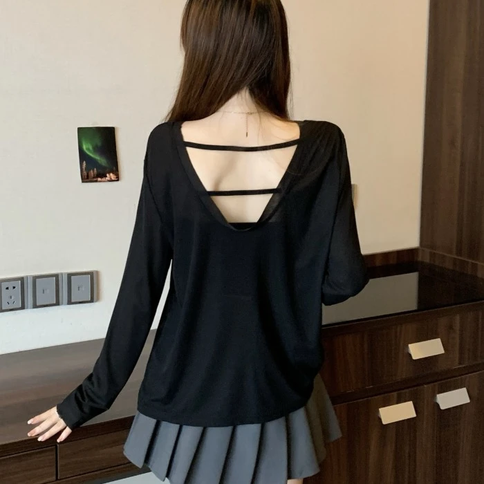 大码防晒罩衫女夏季吊带外搭长袖t恤显瘦设计感胖mm微透露背上衣