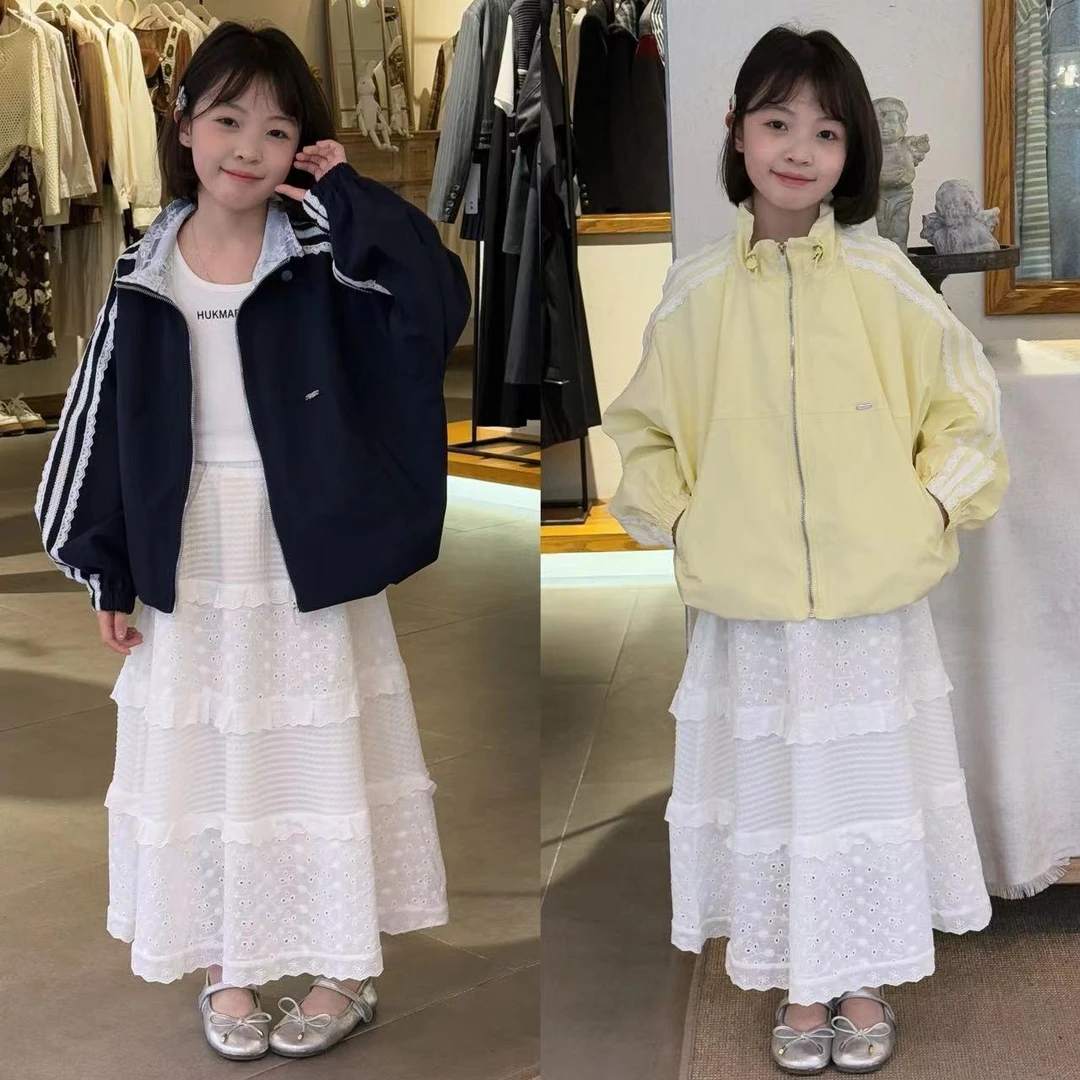 女童韩版蕾丝花边立领外套2025春季新款中大童休闲宽松百搭上衣