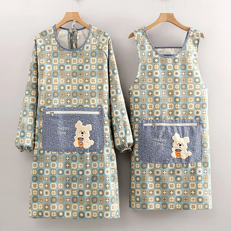 新款做饭长袖围裙厨房家用防污罩衣大人时尚拉链口袋透气耐磨女士