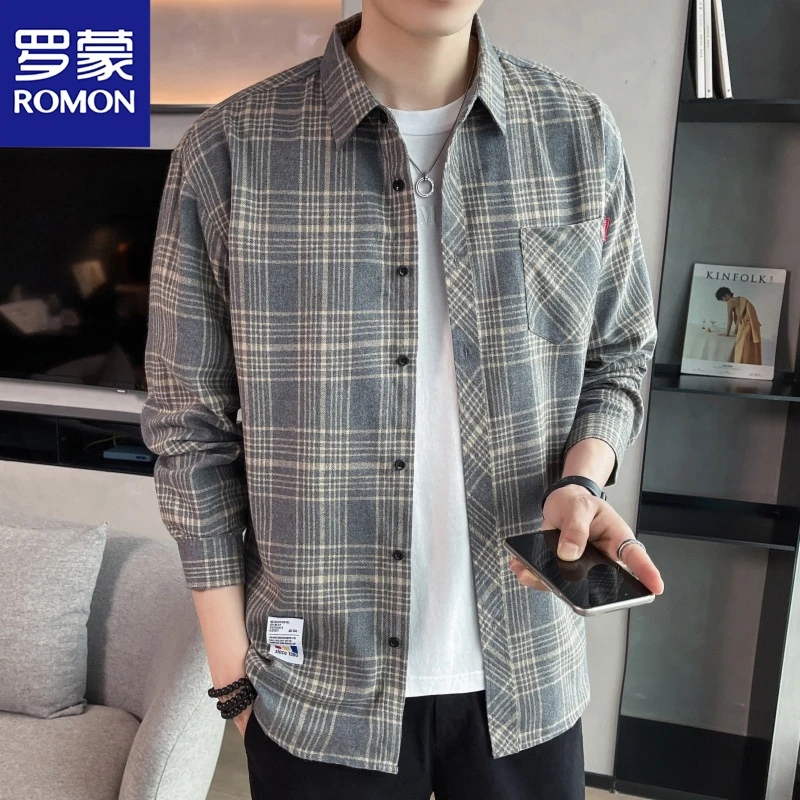 罗蒙男士休闲新款简约时尚细腻亲肤柔软舒适宽松格纹长袖衬衫百搭