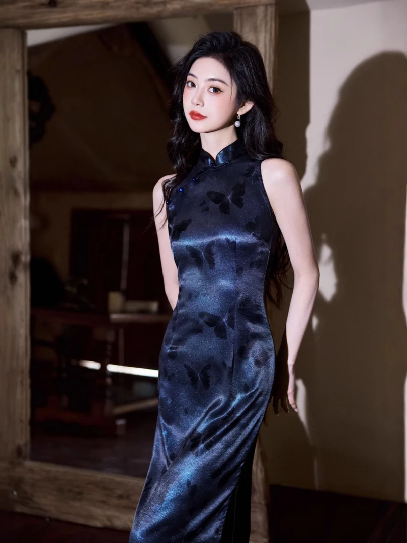 归凝-连衣裙蓝色修身中国风长款黑色显瘦日常缎面中国风长款旗袍
