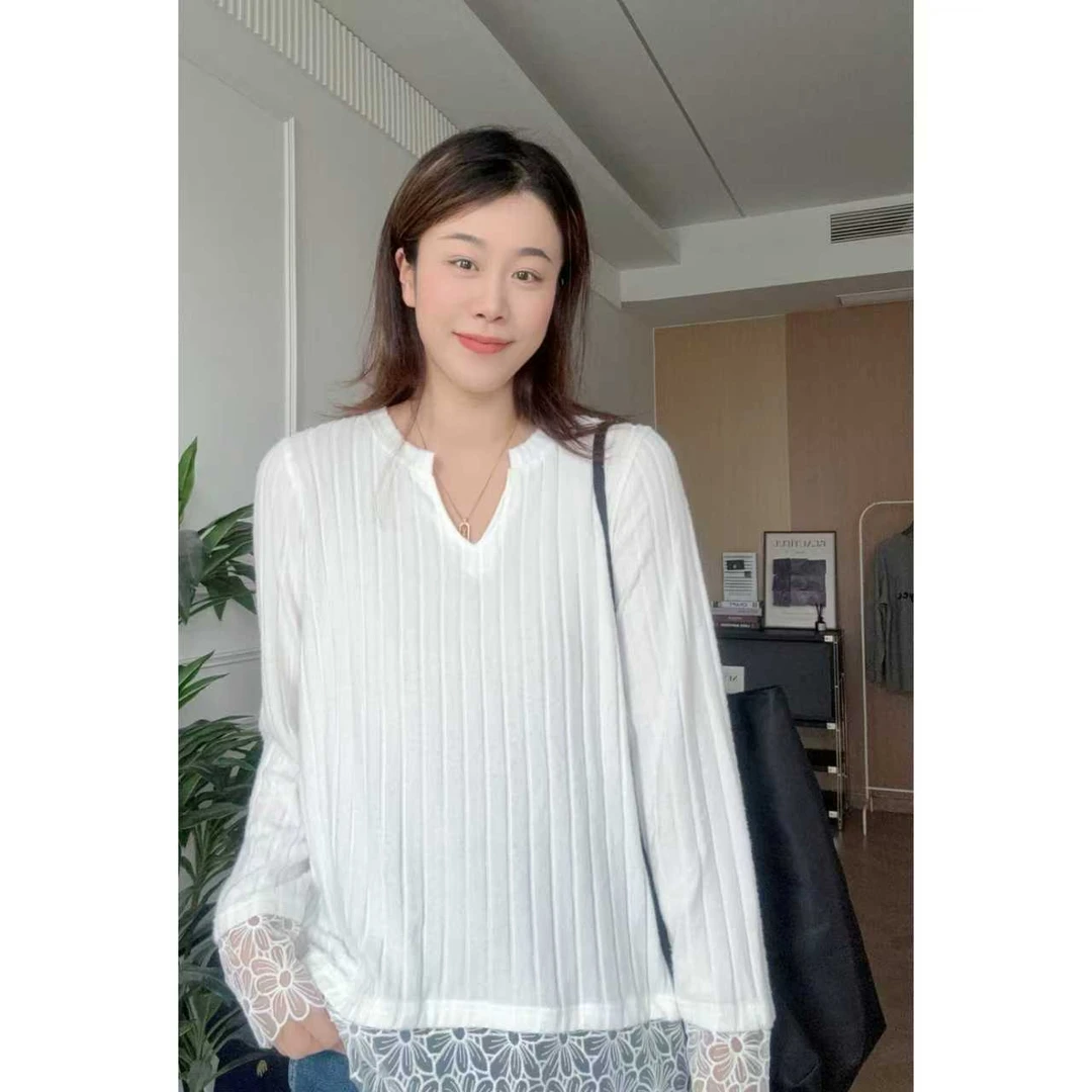 美亚恩NANA【怀秋】秋季V领下摆带蕾丝长袖内搭打底衫气质显瘦C0510