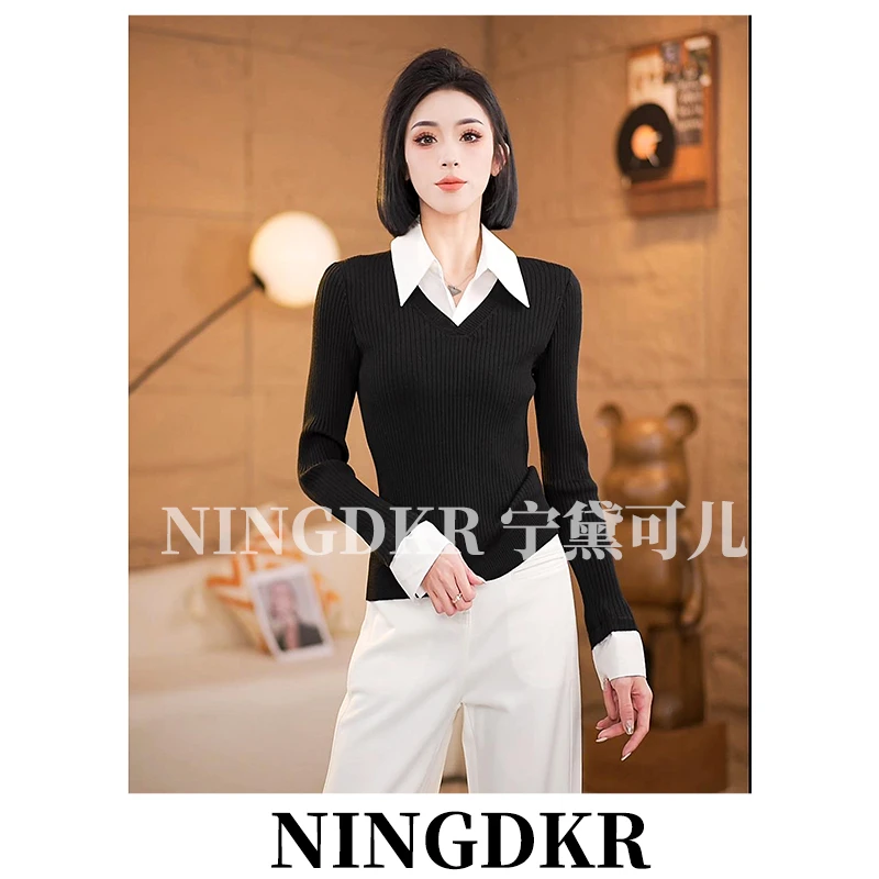 可B40121设计感假两件拼接Polo领针织衫女修身显瘦打底衬衫式毛衣