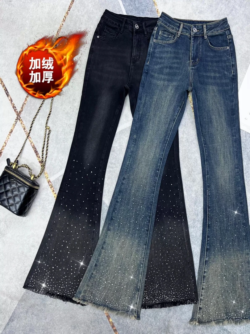 秋冬季加绒牛仔裤弹力烫钻微喇裤女修身显瘦毛边长裤复古喇叭裤