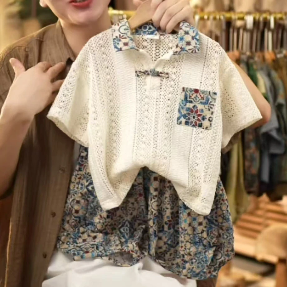 男童夏季花色短袖套装2025新款针织镂空拼色时尚上衣碎花七分裤潮