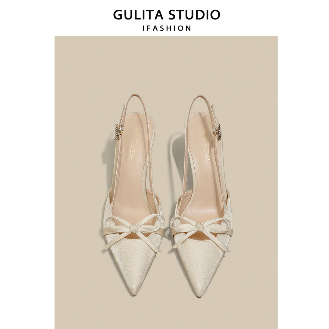 一字带新中式蝴蝶结尖头细跟高跟鞋女配旗袍裙子百搭包头凉鞋女夏