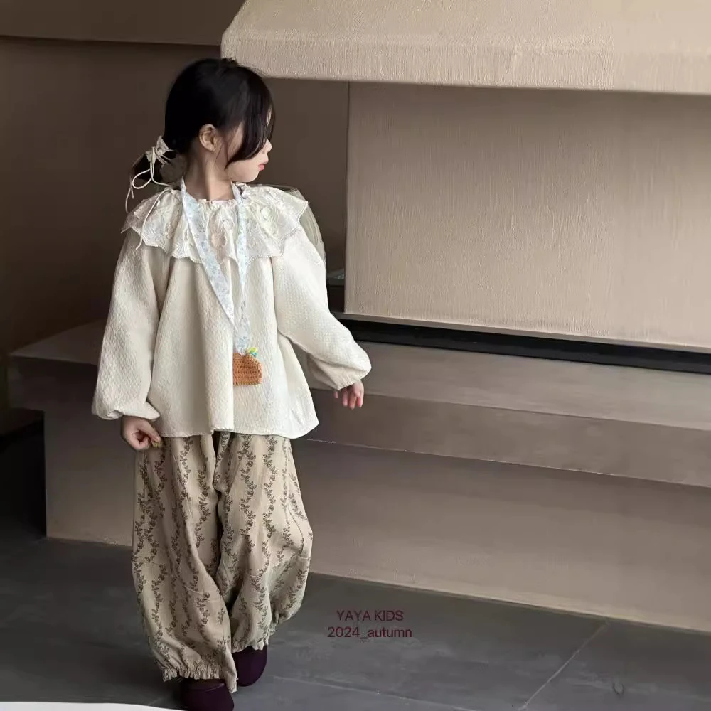 女童秋装上衣新款儿童韩版花边重工大翻领亲肤显白长袖娃娃衫