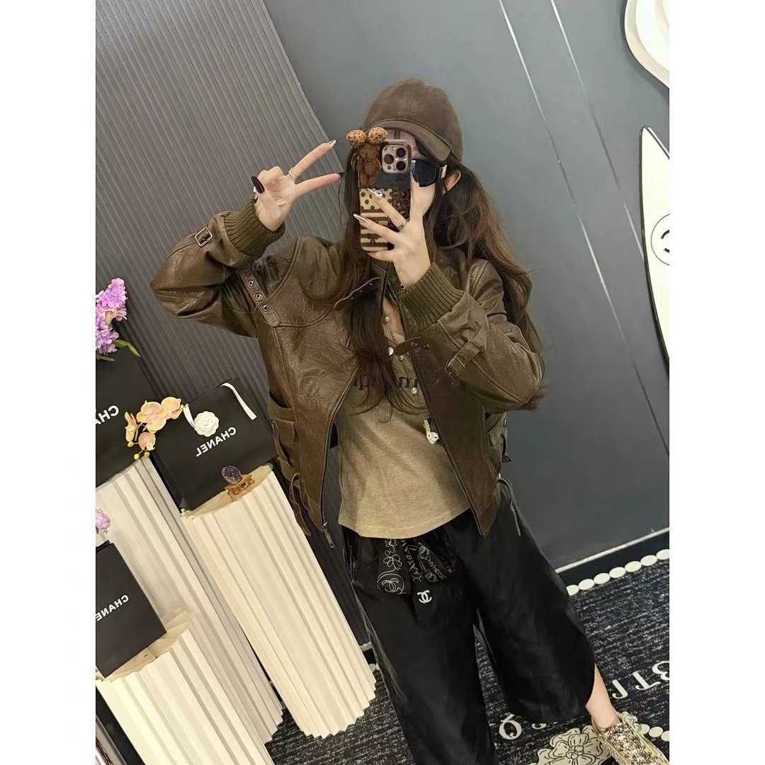 【赛尔旧街】新款洋气设计师款女装美拉德色气质绵羊皮显瘦休闲皮衣