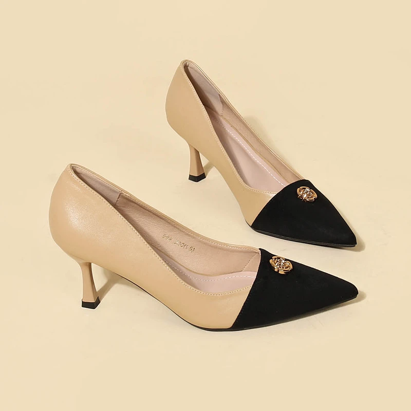 羊皮2025年春季新款拼色小香风单鞋女裸色高跟鞋细跟法式尖头女鞋