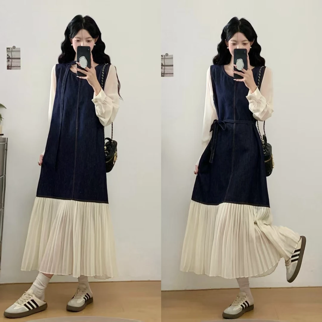 气质宽松秋通勤衣服新款洋气法式牛仔拼接连衣裙女微胖复古港风