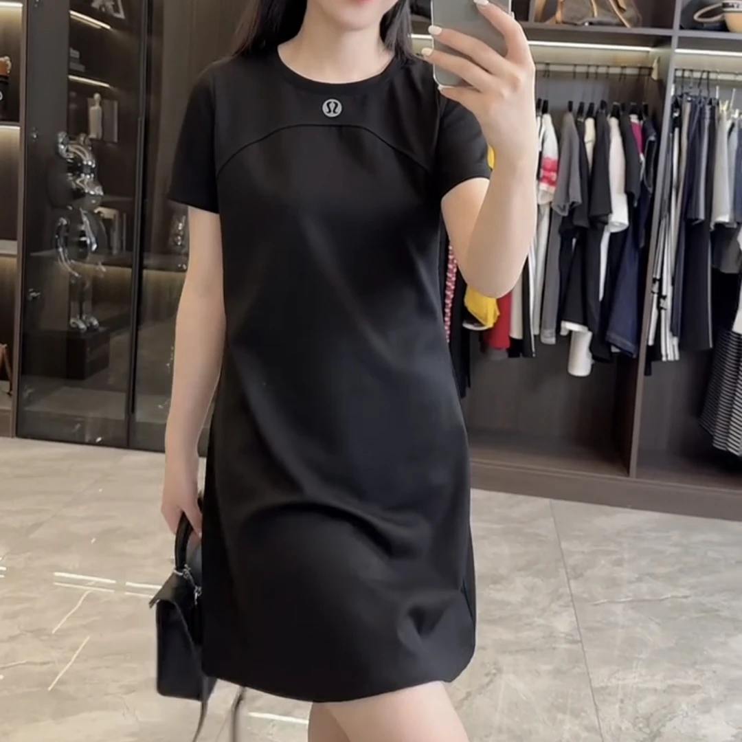 夏季圆领短袖显瘦A字收腰连衣裙时尚洋气遮肉减龄